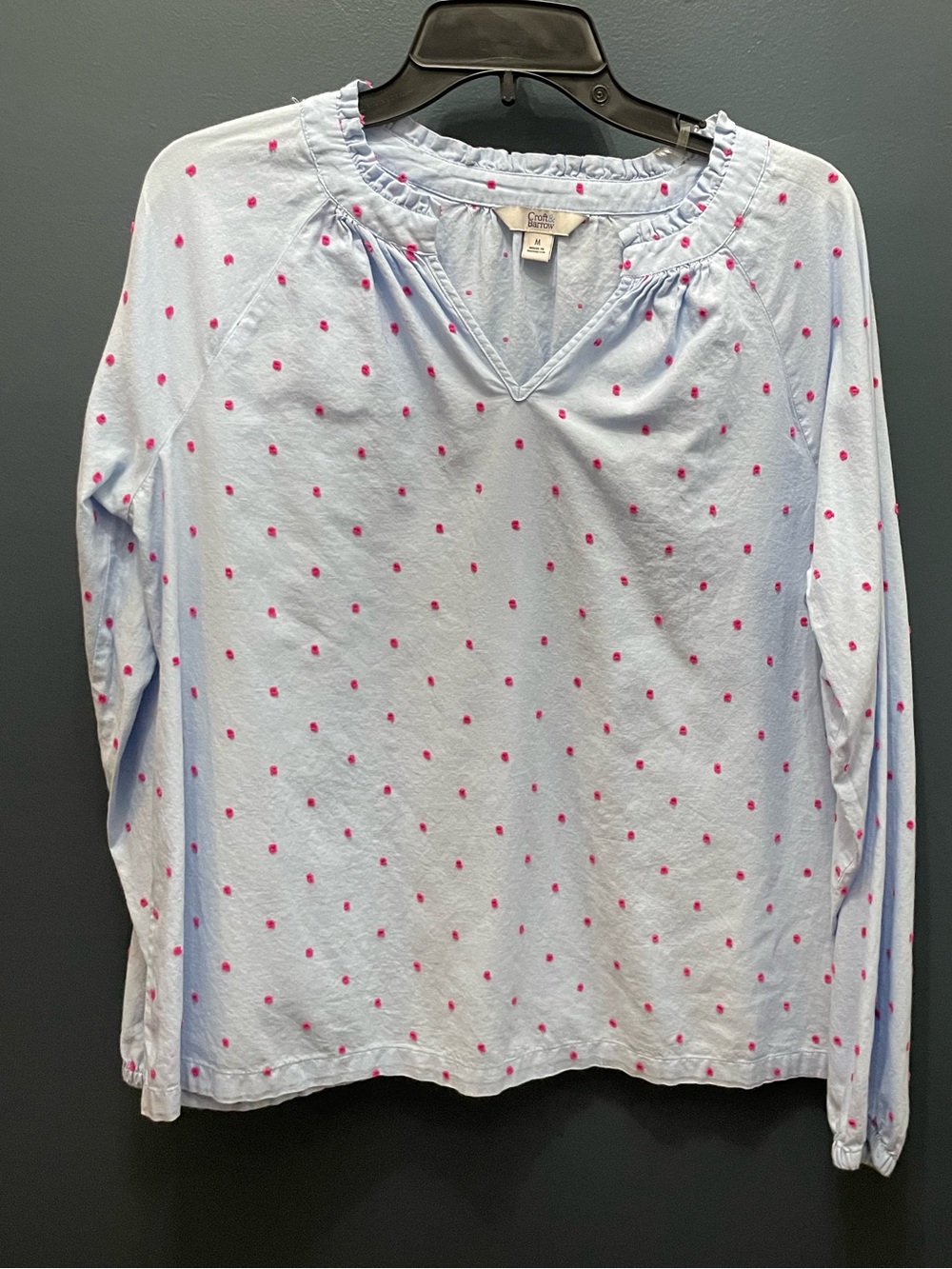 croft & barrow Light Blue Long-Sleeve V-Neck Top with Pink Dot Print